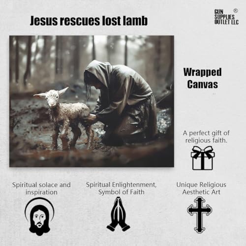 Image of GUN SUPPLIES OUTLET LLC Jesus and Lamb Canvas Wall Art Jesus Rescues Lost Lamb Picture Wall Art Canvas Print Christian Home Decor 12x16 inch