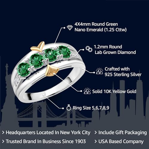 Gem Stone King 4-Stone Gemstone Birthstone and Lab Grown Diamond Wedding Band Ring For Women | 925 Silver and 10K Yellow Gold | Available In Size 5, 6, 7, 8, 92