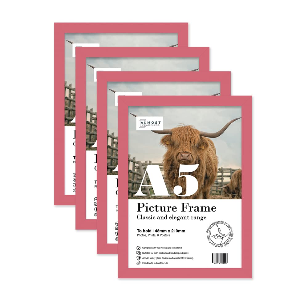 Almost Frameless A5 Pink Picture Frame Set of 4, Display A5 Picture Gallery Wall, Poster, Photo, Artwork, or Print, Pink