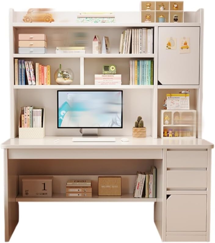 Modern Home Office Desk with Storage Shelf, with Hatch and Bookcase, Writing Desk Study Table Workstation with Drawers and Shelves, Computer Desk, Multifunctional, Fashionable, Simple, Easy to Install, Study for Home WorkWarm White, 120*45*164cm