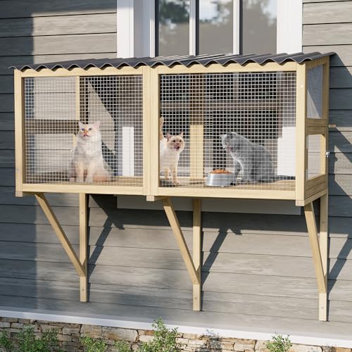 Dephet Cat Catio Cat Window Perch for Large Cats - Catio Outdoor Cats Enclosure Windows Patio Window Box Hommock for Sunbathing Napping Outside Wooden Catios for Indoor Kittens (Burlywood)
