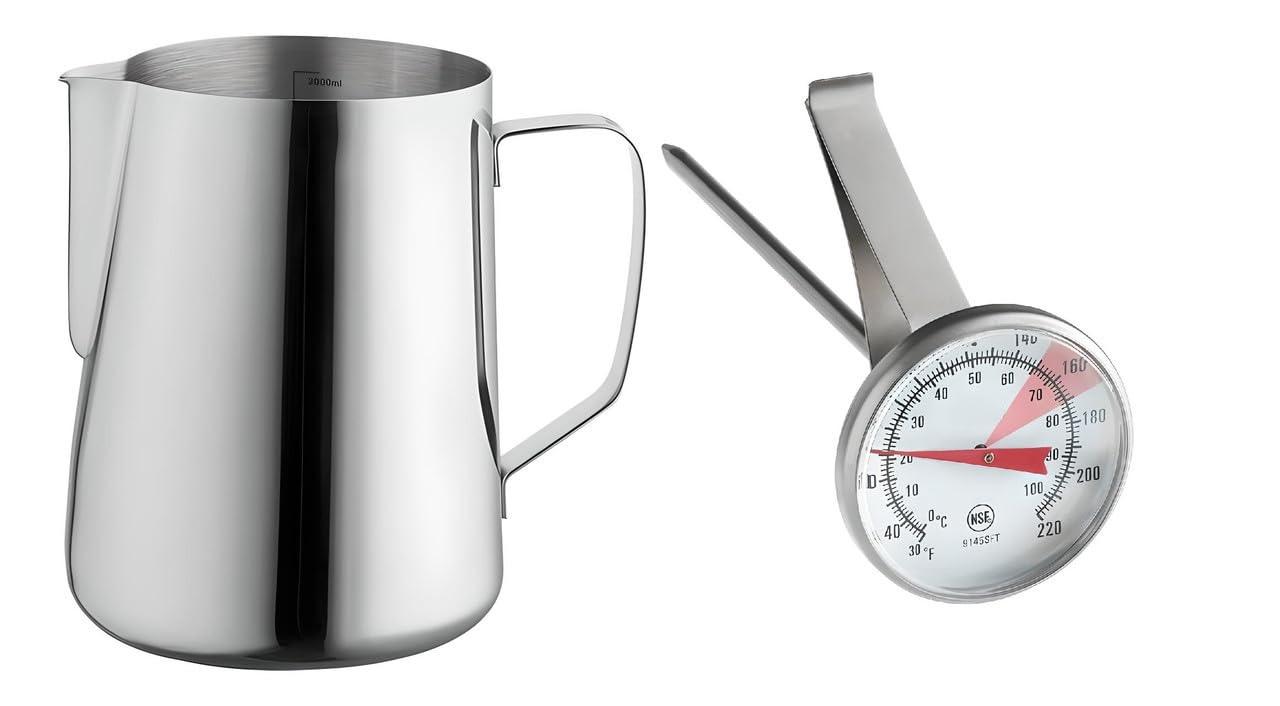 OCS Parts Pro Series Stainless Steel Frothing Pitcher with 8" Frothing Thermometer | 66 Ounce Cup | Commercial Grade Pitchers to Steam and Froth Milk or Cream for Lattes, Cappuccinos and Espressos