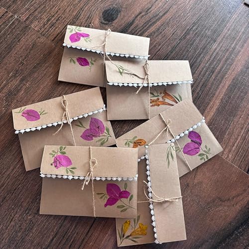 Image of PetalsByShweta, Pack of 8, A5 size pressed flower letter writing papers with Envelopes . White Kraft Paper Envelopes | Note pads | Envelopes for cards | Pressed Flower Design | Wedding invites | invitation writing paper | Thank you notes writing (Gulbahar brown)