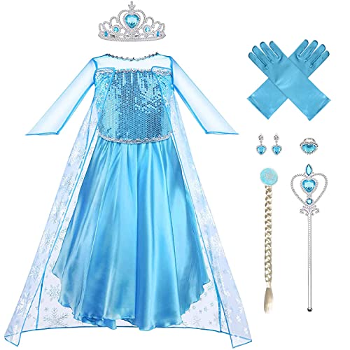 Aolso Vicloon ELSA Kleid, 5pcs ELSA kostüm mädchen mit Diademe & Zauberstab, mädchen kostümWeihnachten Halloween Verkleidung Fasching Karneval Cosplay Geburtstag Partykleid(110)