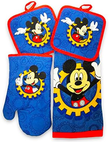 Disney Mickey Mouse 4 Piece Kitchen Oven Mitt, Dish Towel and Pot Holder Set