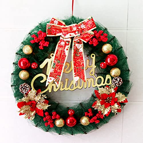 Corona de Navidad de 16 pulgadas, corona de letras de Feliz Navidad con bayas rojas, conos de pino y adornos de bolas rojas, guirnaldas de decoración para exteriores interiores y exteriores Cover