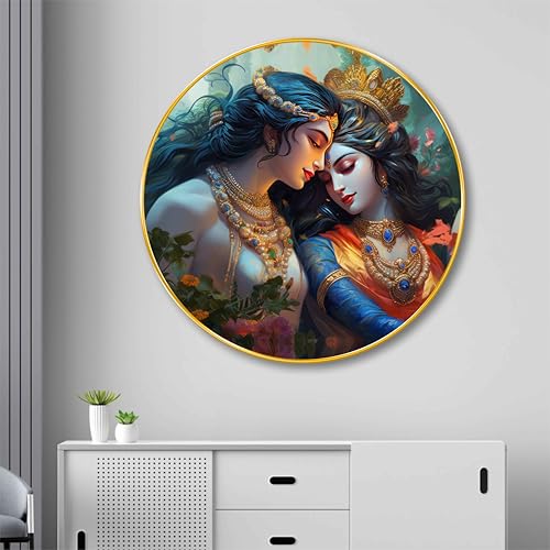 Image of Livin'luxe Radha Krishna Eternal Love Round Art Print - Spiritual Divine Couple Artwork with Royal Ornaments | Hindu God Art Print for Living Room, Bedroom, Temple & Gift (16 x 16 Inch) Art-GRM-282
