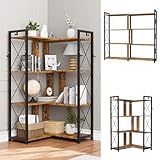 EDWINENE 4 Tier Corner Bookshelf, Industrial l Shaped Bookshelf with Metal Frame, Tall Corner Shelf Stand with 2 Hooks for Living Room, Bedroom, Home Office, Rustic Brown
