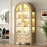 Vlsrka 71' Arched Curio Cabinet with Glass Doors, 4-Shelves Display Cabinet and 2 Drawers, Display Case with 3 Color Lights, Tall Bookcase, Kitchen Pantry, Wood Color