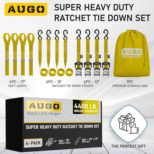 Image of AUGO Heavy Duty Ratchet Straps & Soft Loops - Pack of 4 Extra Strong 1.5 inch by 10' Ratchet Straps w /S-Hook Safety Latches & 4 Soft Loop Tie Downs - 4400Lb Break Strength for Motorcycles, ATVs, Etc.