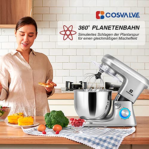 COSVALVE Küchenmaschine Knetmaschine 1400W, 7L Edelstahlschüssel mit Rührbesen, Knethaken, Schlagbesen, Spritzschutz, 6… – Bild 3