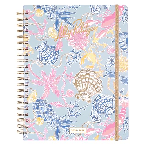 Lilly Pulitzer Jumbo Daily Planner August 2025 - December 2026, Weekly and Monthly Agenda with Stickers, Pockets, and Spiral Binding (Bluette Lil Barefoot Beachcomber)