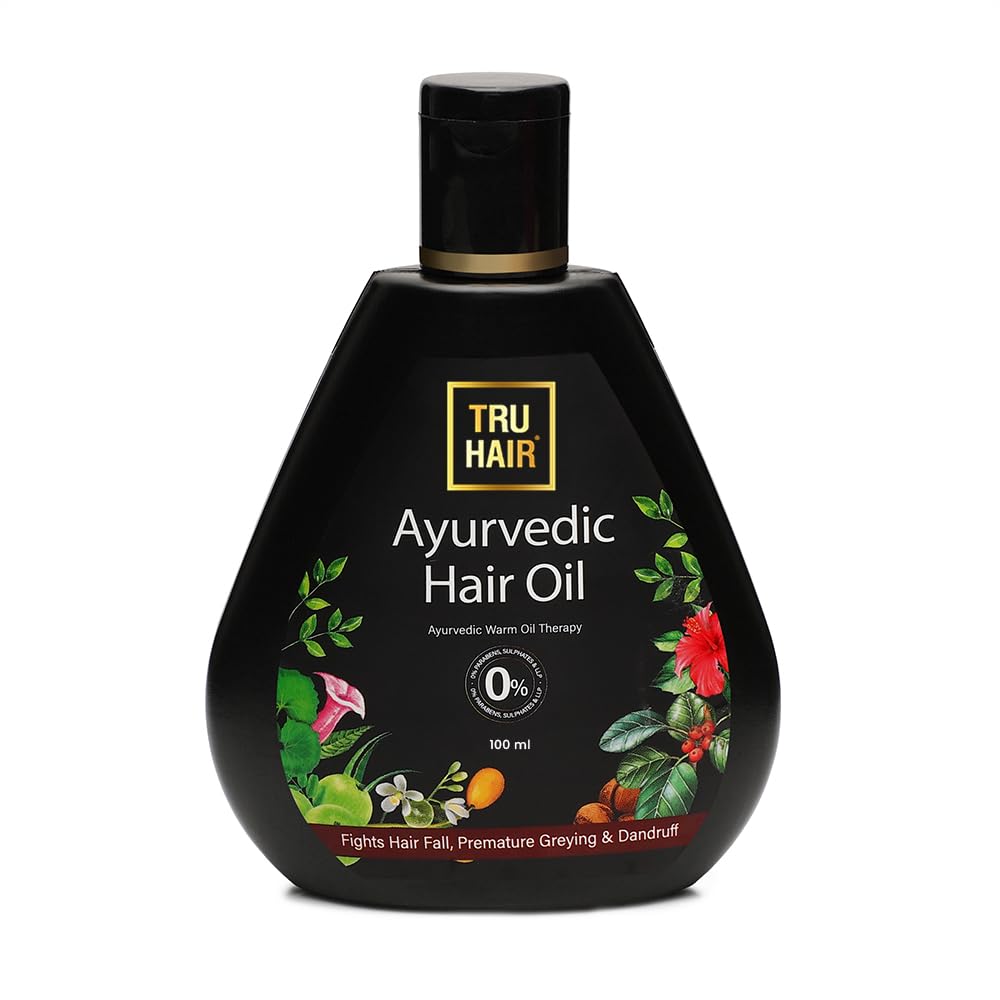 TRU HAIR & SKIN Ayurvedic Hair Oil with Bhringraj, Amla & Hibiscus for Dandruff, Hair Fall Control, Hair Growth & Shiny Hair | Contains 0% Parabens, Silicones & LLPs | TRUE HAIR Oil-100 ML