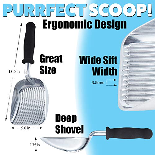 Iprimio Monster Cat Litter Scoop With Easy Grip Soft Foam Handle For Sore Hands - Fast Sifter/Deep Shovel. Patented Metal Cat Litter Scooper - Kitty Litter Box Accessory - Large Polished Aluminum #TOP5