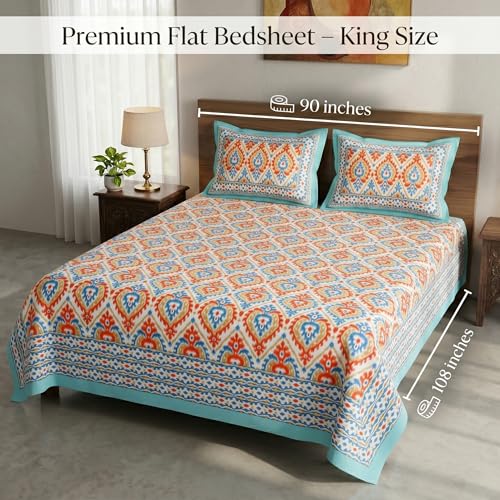Image of Mafatlal 144 TC Heritage Queen Size Bedsheet | (90x108 inches) 100% Cotton Flatsheet Double Size with Two Pillow Covers| Super Soft Bed Sheet | Floral Design | Printed Fusion
