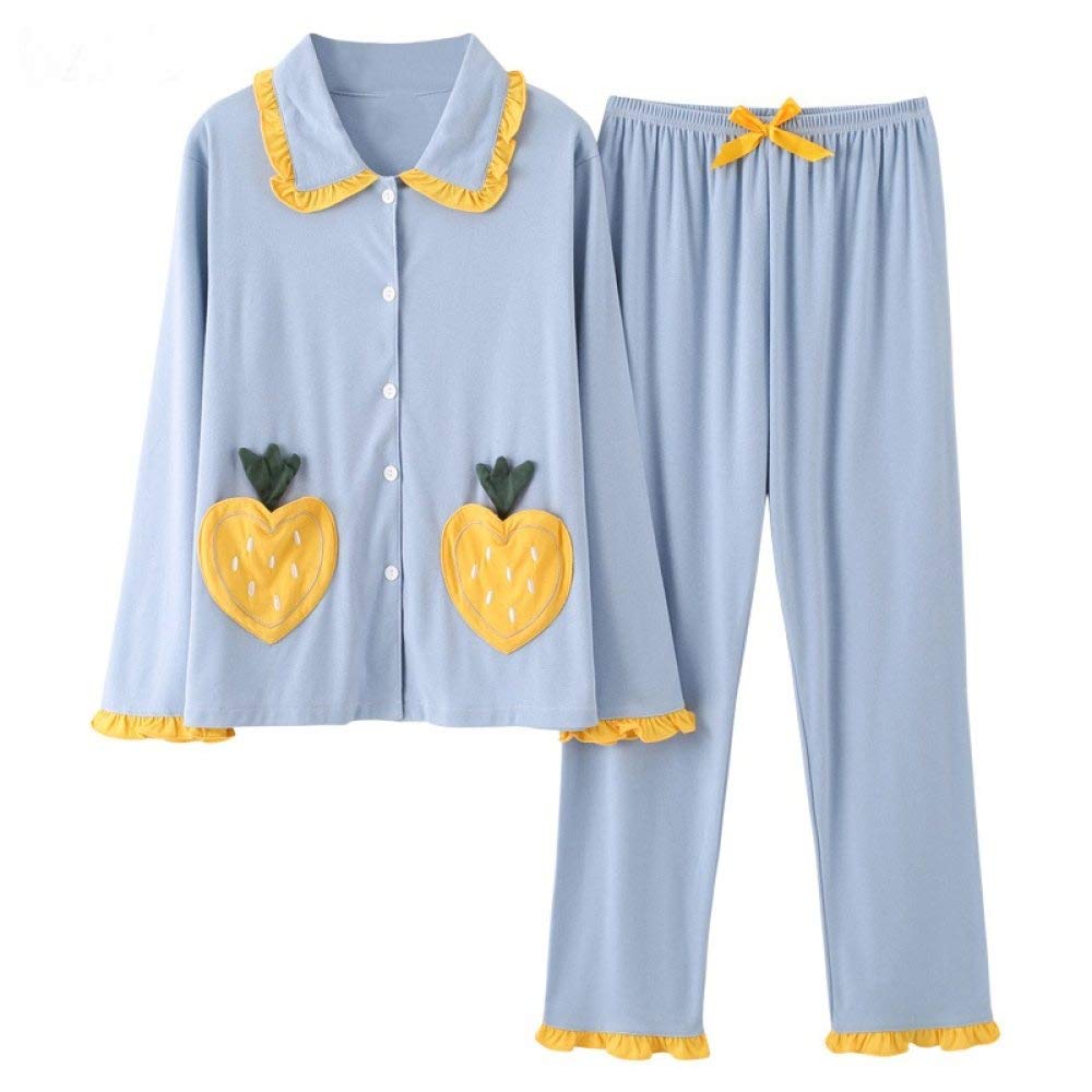 Conjunto De Pijamas De Mujer,Conjunto De Pijamas De Fresa Dulce Ropa De Dormir De Manga Larga De Algodón Top Con Botones Y Pantalones Pjs Cozy & Ropa De Dormir Suave Para El Otoño Invierno,Azul,M
