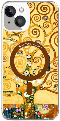 Berkin Arts Compatibile con Custodia per iPhone 14 / iPhone 13 Cover Chiaro Trasparente [Compatibile con MagSafe], Fioritura elegante dall'estetica kaki (Gustav Klimt-Albero della vita)