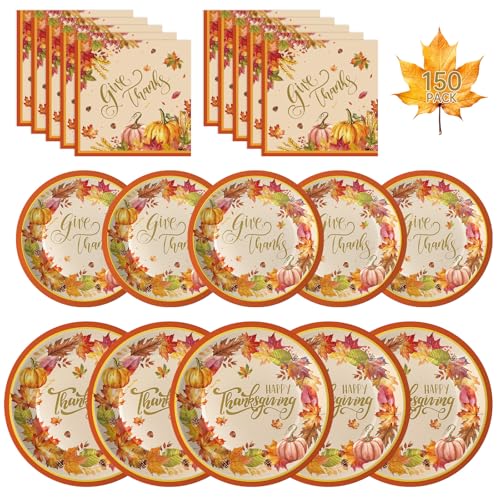 150 Pack Happy Thanksgiving Plates and Napkins Sets - Disposable Fall Paper Plates Napkins Dinnerware, Give Thanks Heavy Duty Dessert Dinner Plate for Thanksgiving Party Supplies Table Decor, Serve 50