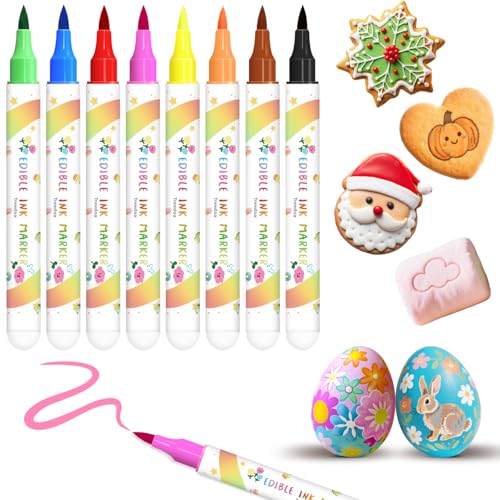 Lebensmittelfarbe Stifte, 8 Stücke Lebensmittelstifte mit weichen Pinselspitzen für dicke und dünne Linien, Lebensmittel Stift Backen, Essbare Stifte für Kuchen, Kekse, Fondant, Food