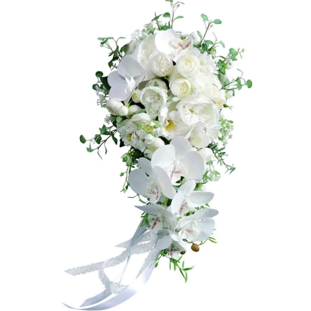 ZBELLO Moth Orchid Bridal Bouquet, Cascading Teardrop Wedding Bouquet with Silk Roses, Artificial Waterfall Flower Arrangement for Bride, Wedding Ceremony Decoration (White)