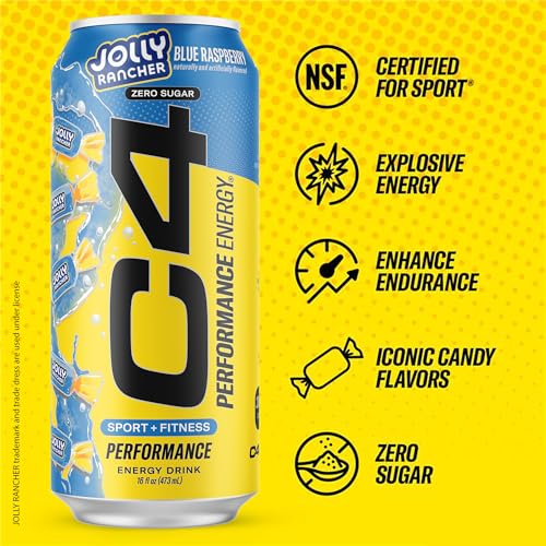 Image of C4 Performance Energy Drink, Jolly Rancher Blue Raspberry, Zero Sugar Carbonated Preworkout Energy, 200mg Caffeine with Beta Alanine, 16 Fl Oz (12 Pack)