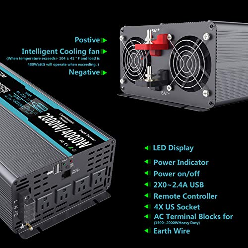 FLAMEZUM Power Inverter Pure Sine Wave 2000Watt 12V DC to 110V 120V Peak Power 4000Watt with Remote Control Dual AC Outlets and Dual USB Port for CPAP RV Car Solar System Emergency