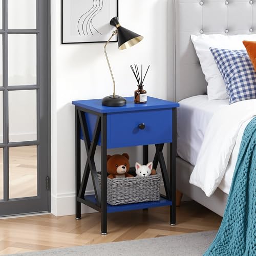 Image of VECELO Nightstands, Modern Bedside End Tables Set of 2, Night Stand with Drawer and Storage Shelf for Living Room Bedroom, Industrial Metal Frame
