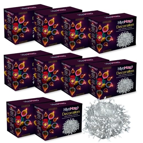 Image of NIYAMAX 12 Meter 42 Led String Serial Lights, Copper Wire LED Decorative String Fairy Rice Lights for Indoor, Outdoor, Decoration, Festival, Party, Wedding, Garden, Lawn (White Color)(Pack of 10)