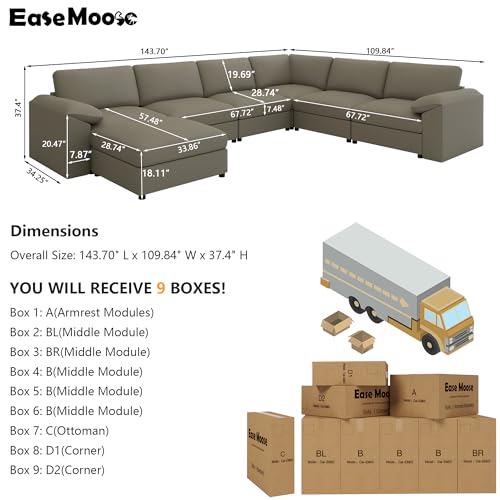 Image of EASE MOOSE Faux Leather Sectional with Ottoman, Oversized Modular Couch, Modular Sectional Sofa with Deep Seat, Scratch Resistant Faux Leather Material, U Shaped Couch for Big Spaces, Light Grey