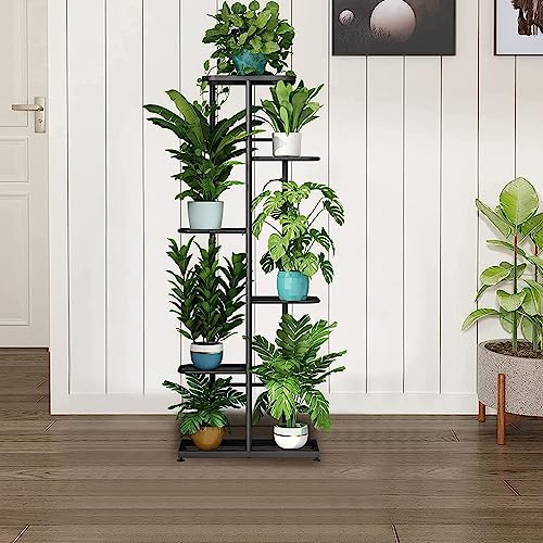 Image of 7 Tier Metal Plant Stand for Living Room | Indoor & Outdoor Plant Holder | Heavy Duty Flower Pot Rack | Modern Vertical Plant Shelf for Balcony, Home Decor, Garden | Black