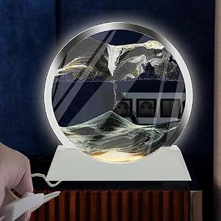 Szoranct Moving Sand Art Picture Round Glass Flowing Sand Frame with Light, Sand Art Liquid Motion and 3D Deep Sea Moving Sandscapes, Relaxing Decoration for Desktop Home Office (7", Blcak with Light)