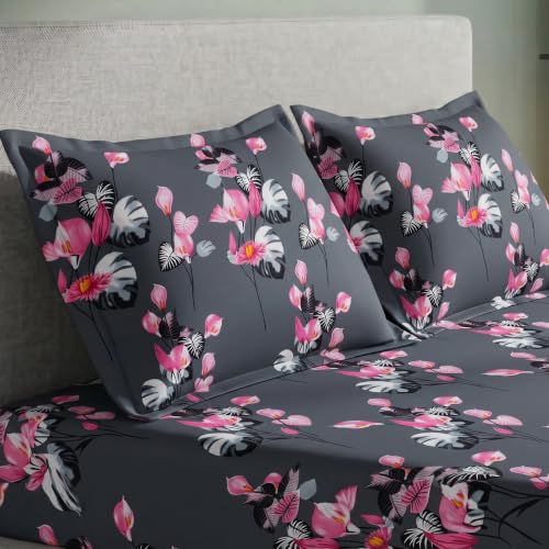 Image of Home Sizzler Microfibre 210TC Dark Grey Floral Elastic Fitted Double (72 X 78) Bedsheet with 2 Pillow Covers