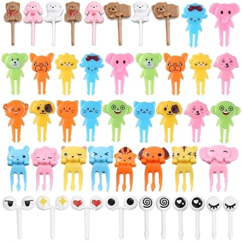 WXOIEOD 46 Pieces Food Picks for Kids Lunch Accessories, Animal Fruit Picks for Kids Lunch Box, Fun Toddler Fruit Toothpicks for Bento Box, Cute Reusable Mini Forks for Kids Picky Eaters, BPA-Free Cover