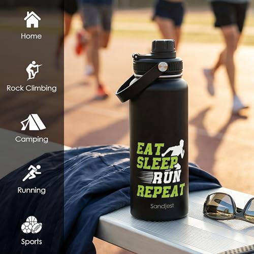 Image of SANDJEST Running Insulated Stainless Steel Water Bottle 32oz, Eat Sleap Run Repeat, Vacuum Chug Lid Travel Tumbler for Men Friends Dad Brothers Runners, Gift for Birthday Christmas