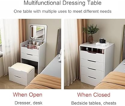 3 in 1 Dressing Table with Flip-top Mirror and Rolling Stool LED Lights Integrated Makeup,Vanity Desk Set with LED Lighted Mirror Cushioned Stool and 3 Drawer Cabinet Multifunctional Dressin