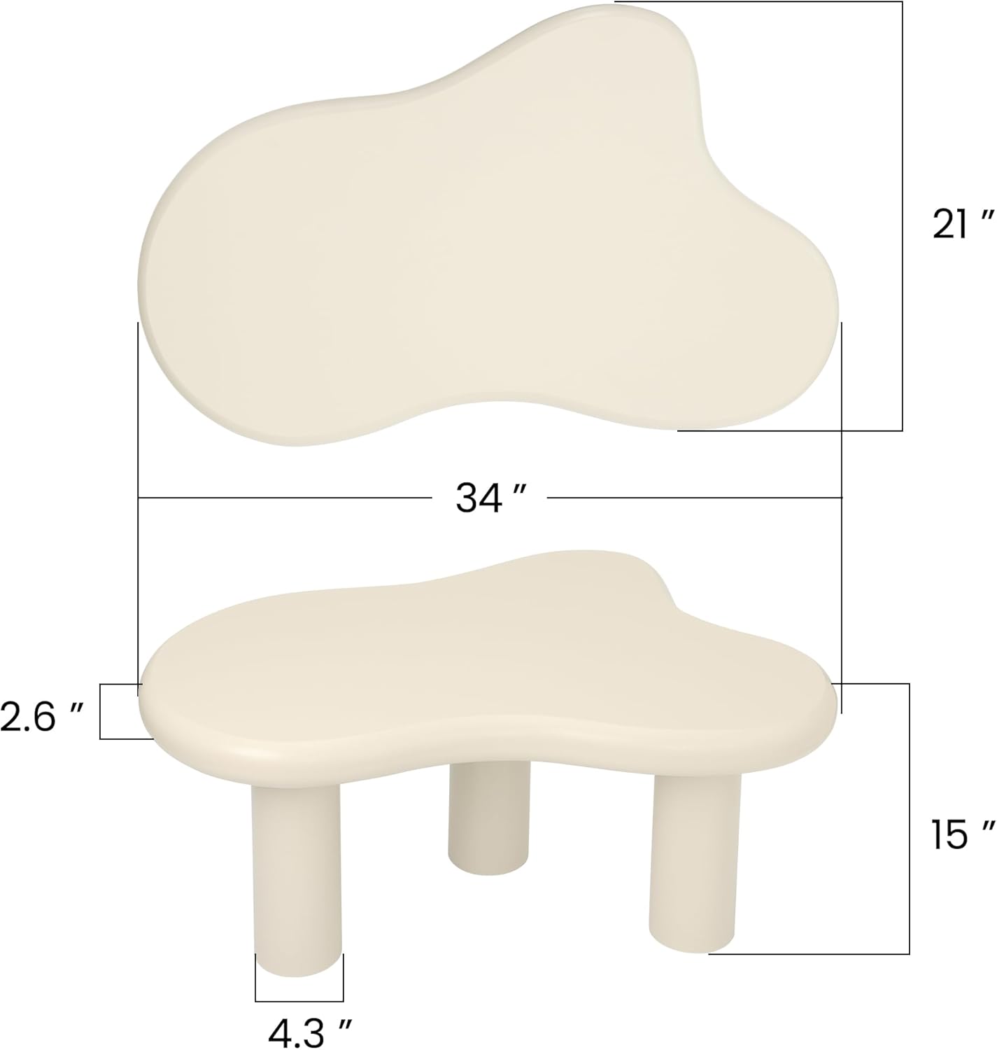 34"(L) Cloud Coffee Table, Modern Wood Coffee Table for Living Room, Accent Center Tables with 3 Legs, Small Tea Tables for Balcony, Patio, Bedroom, Cream White