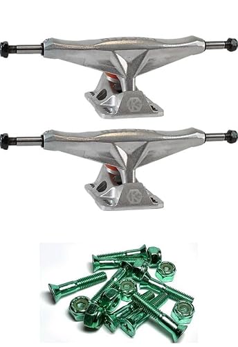 Warehouse Skateboards Grind King Truck Co. Locker Raw Silver Skateboard Trucks - 5.4" Hanger 8.0" Axle with 1" Anodized Green Hardware - Bundle of 2 Items