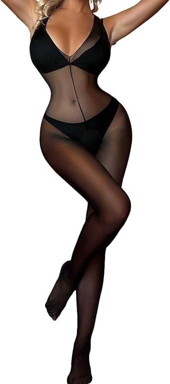 Women s Sexy Fishnet Bodystocking Lace Halter Bodysuit Sheer Mesh Lingerie
