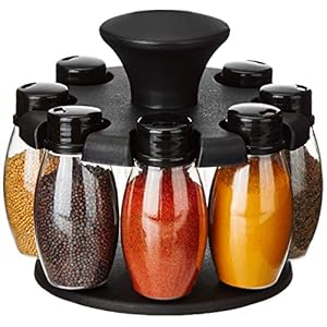Amazon Brand – Solimo Upright Revolving Plastic Spice Rack, Ovals, 8 Pieces,Silver