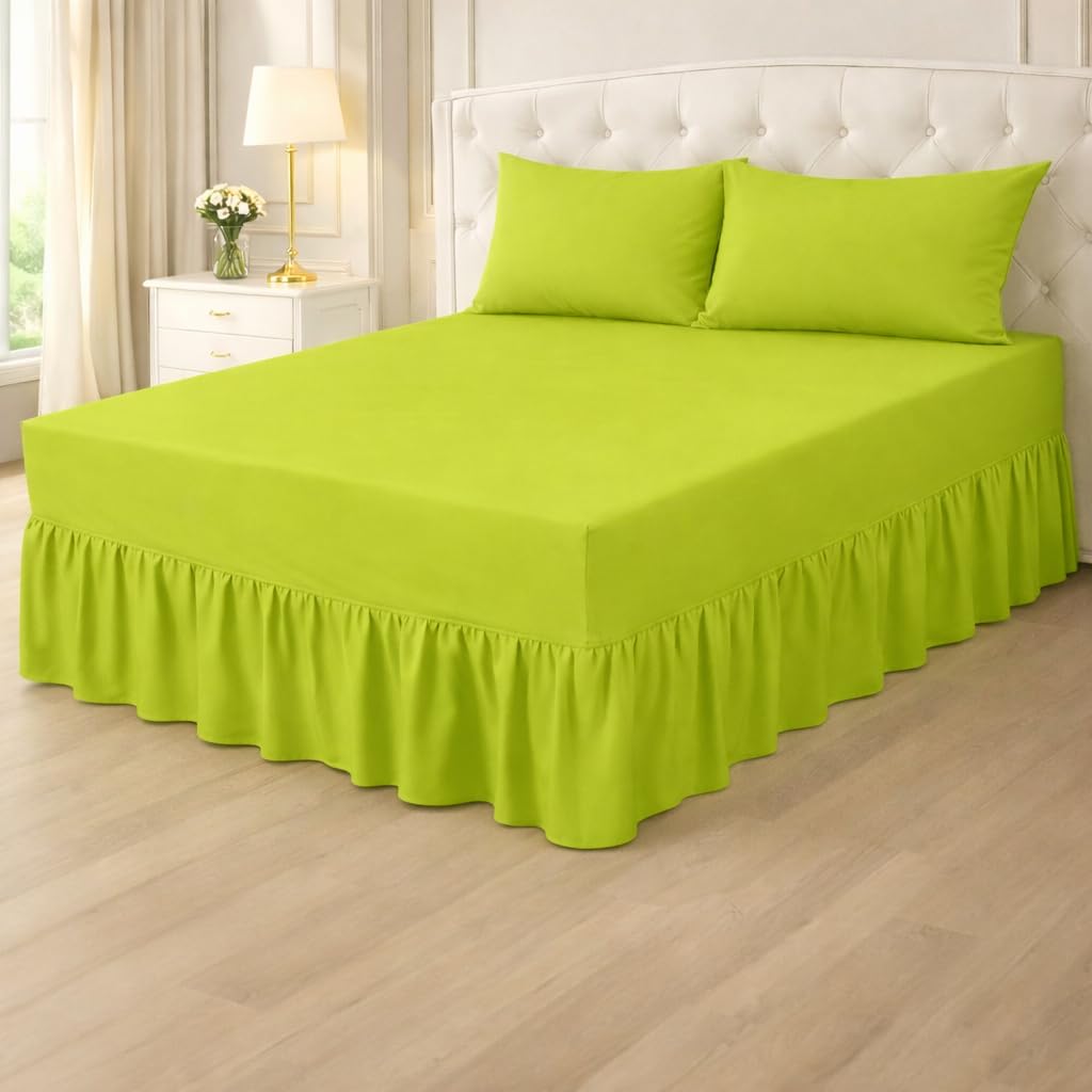 Plain Poly cotton Extra Deep Frilled Valance Fitted Sheets, Easy Case Fitted Valance Sheets in 14 Attractive Colors, Percale Quality Fitted Valance Sheet (Lime green, Double)