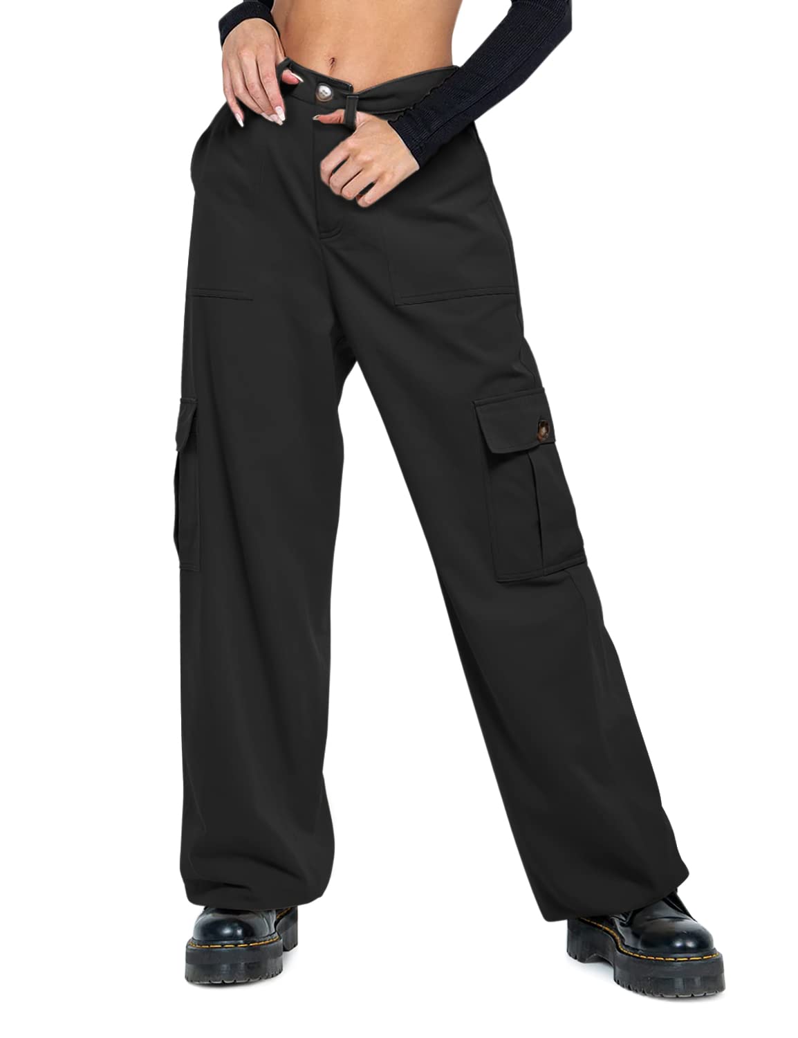 CUGOAO High Waisted Cargo Pants Women Baggy, Parachute Pants with 6 Pockets Wide Leg Drawstring Ankle Cuffs Casual Pants Black
