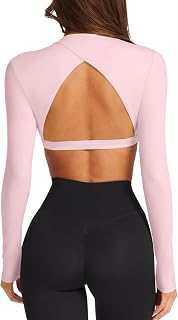 LASLULU Womens Long Sleeve Backless Workout Crop Top Slim Shirt | Open Back,High Neck Crewneck,Athletic Gym Yoga Pilates Tops,Fitted Tight,Dance Sport Top,Sexy Cute,Going Out Top