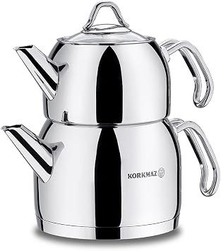 Korkmaz Provita Maxi Capsulated Turkish Tea Pot Set with Ergonomic Handle, Polish Finish, 1.1 & 2 Quart