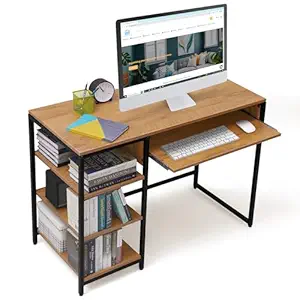 ABOUT SPACE Computer Table with 3 Tier Bottom Storage & Keyboard Tray -Modern Tabletop Office Desk for PC,Laptop,Study,Writing&Gaming Open Bookshelf with Lower Storage [L100 x B45 x H75 cm] Teak Color