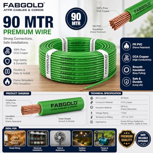Image of 4.0 sqmm Single Core Copper Electrical Wire, 90 Meter (Green) | Heat Resistant & Flame Retardant (FR) | Lead-Free LSH House Wire for Home & Industrial Use