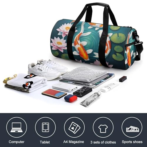 Womens Sports Gym Tote Bag Waterproof Weekender Overnight Handbag Awesome Japanese KoiFish Fish Art Duffel Bag for Yoga Sport Travel4