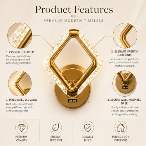 Image of Rosegold LED Wall Light for Home Decor | 3 Color Changing Crystal Wall Lamp (Warm White, Neutral White, Cool White) | Modern Gold Finish Decorative Wall Sconce for Living Room,