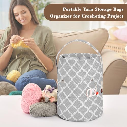 Image of ElliTarr Crochet Bag Yarn Bag with Handle Portable Knitting Project Bag Travel Yarn Storage Organizer Holder Case Silver Minimalist Quatrefoil