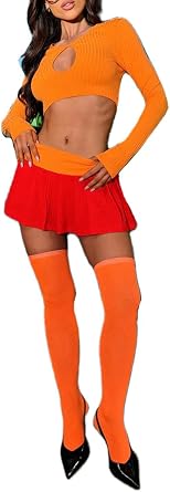 Alyweatry Women Halloween Velma Costume Classic Cartoon Series Cosplay Long Sleeve Top and Mini Skirt with Stockings