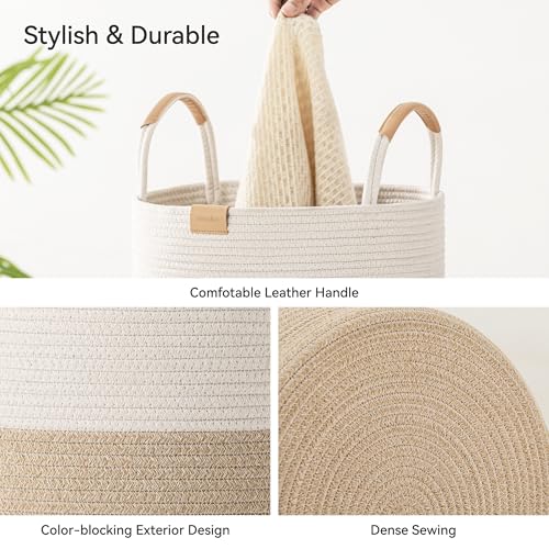 Nunsino 95L Striped Laundry Hamper with Leather Handles,Large Foldable Laundry Basket for Clothes,Cotton Rope Storage Bin for Blankets,Woven Clothes Basket for Bedroom,Beige Stripes by Nunsino - Image 6